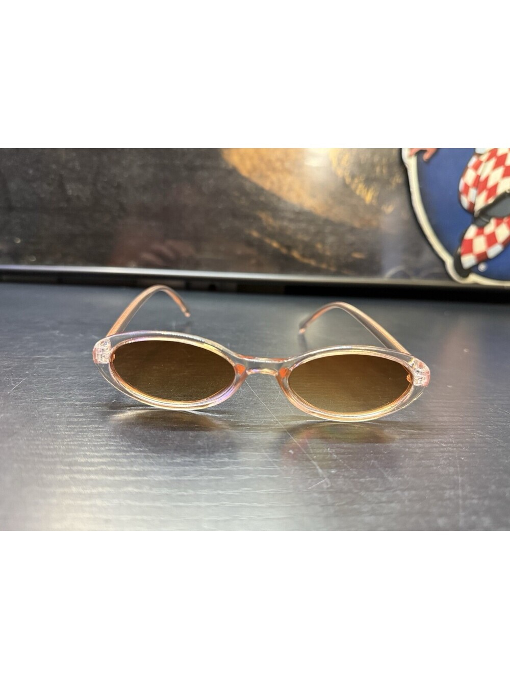 Y2K 90s Style Small Oval Sunglasses Translucent Pink Clear Frame Brown Lens